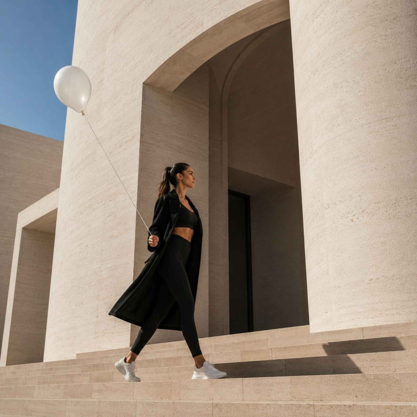A woman in a black athletic outfit walks down large beige stone steps while holding a white balloon. The background features a modern minimalist stone building with arches under a clear blue sky.