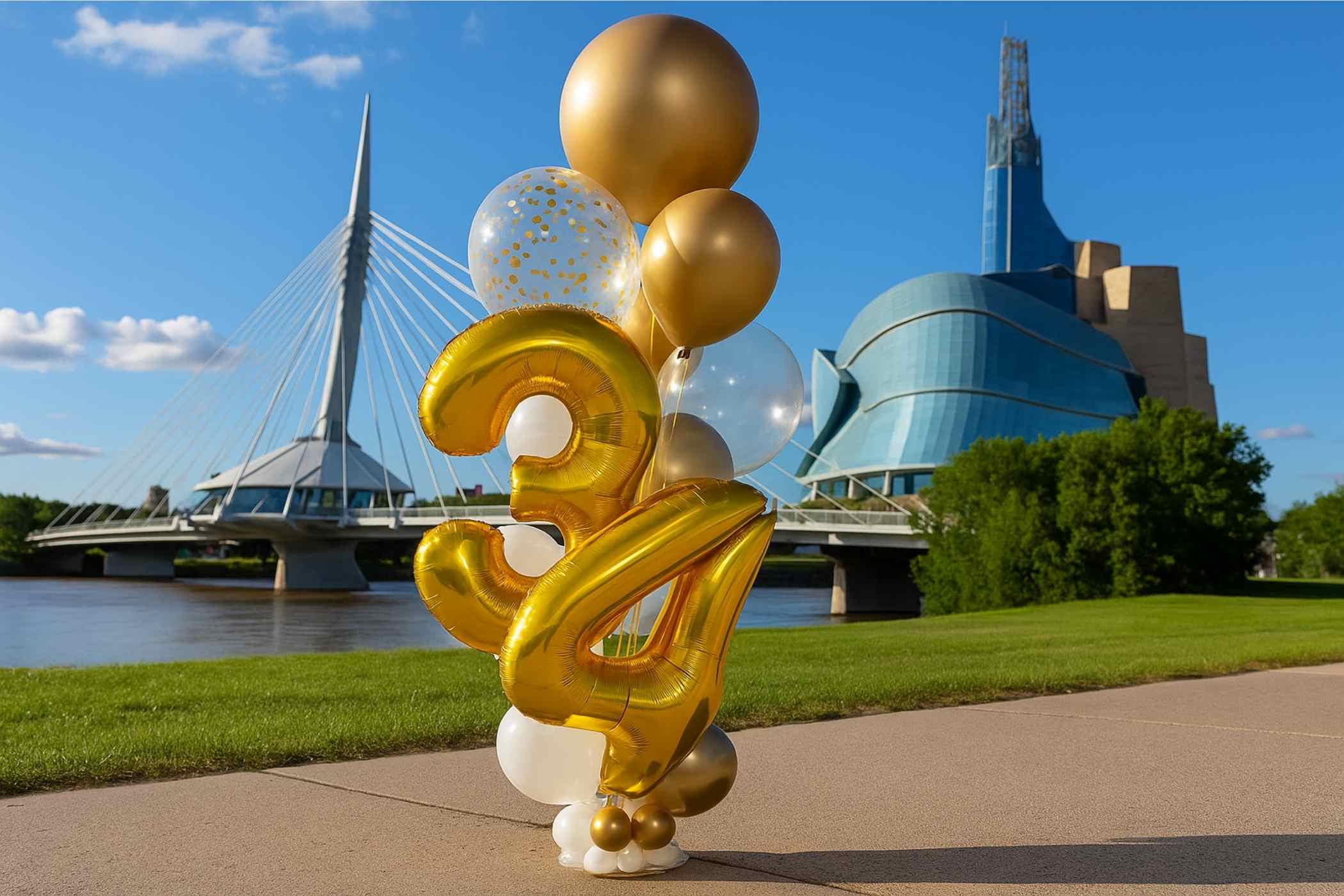 Gold and white balloons shaped like the number '24' with a cityscape in the background