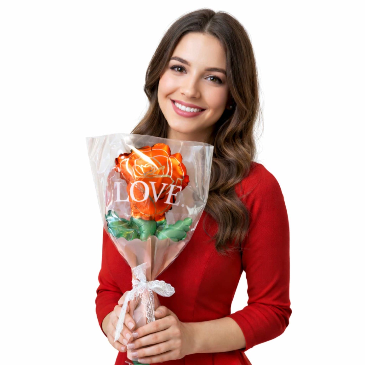 Woman holding a bouquet of flowers with 'LOVE' written on it against a white background