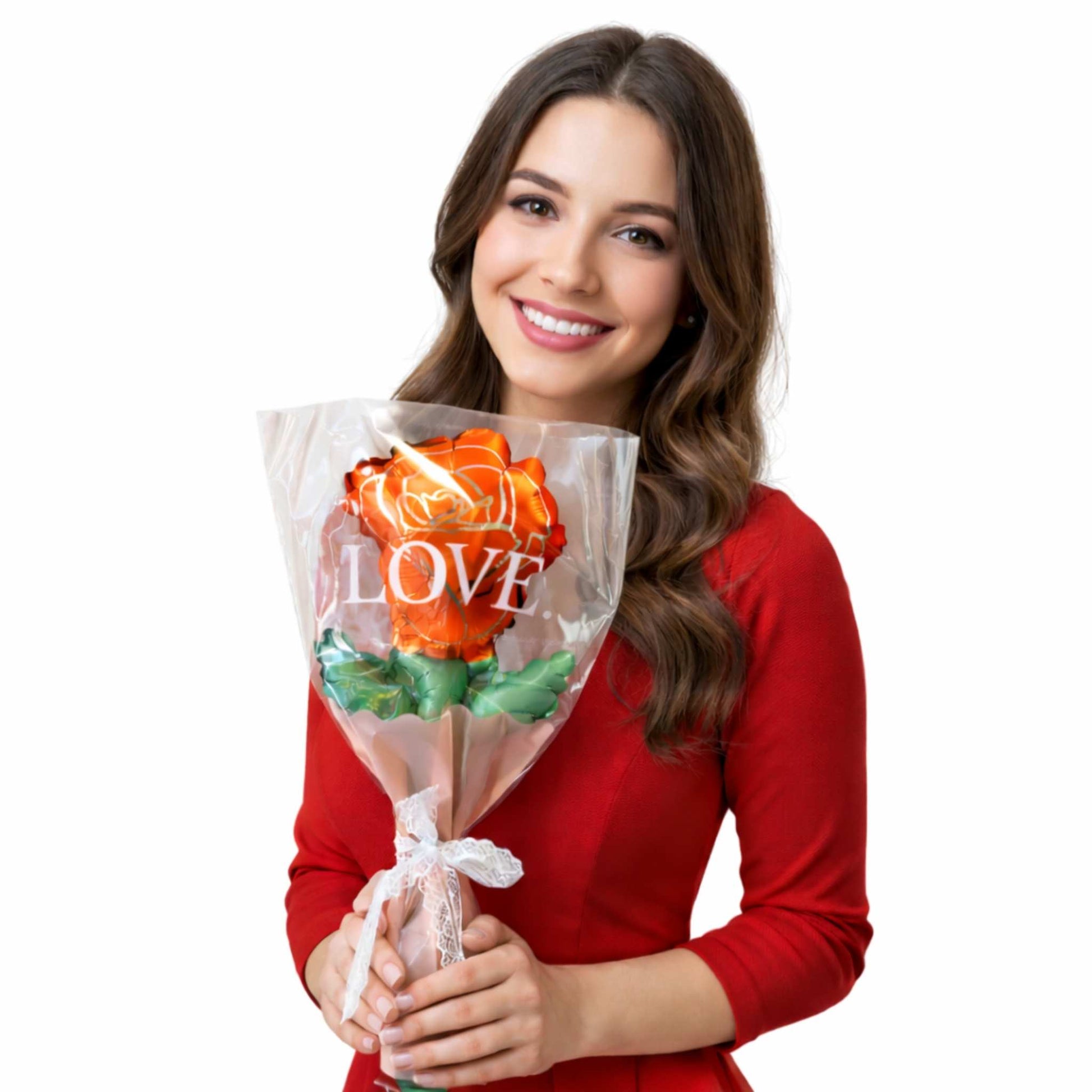 Woman holding a bouquet of flowers with 'LOVE' written on it against a white background