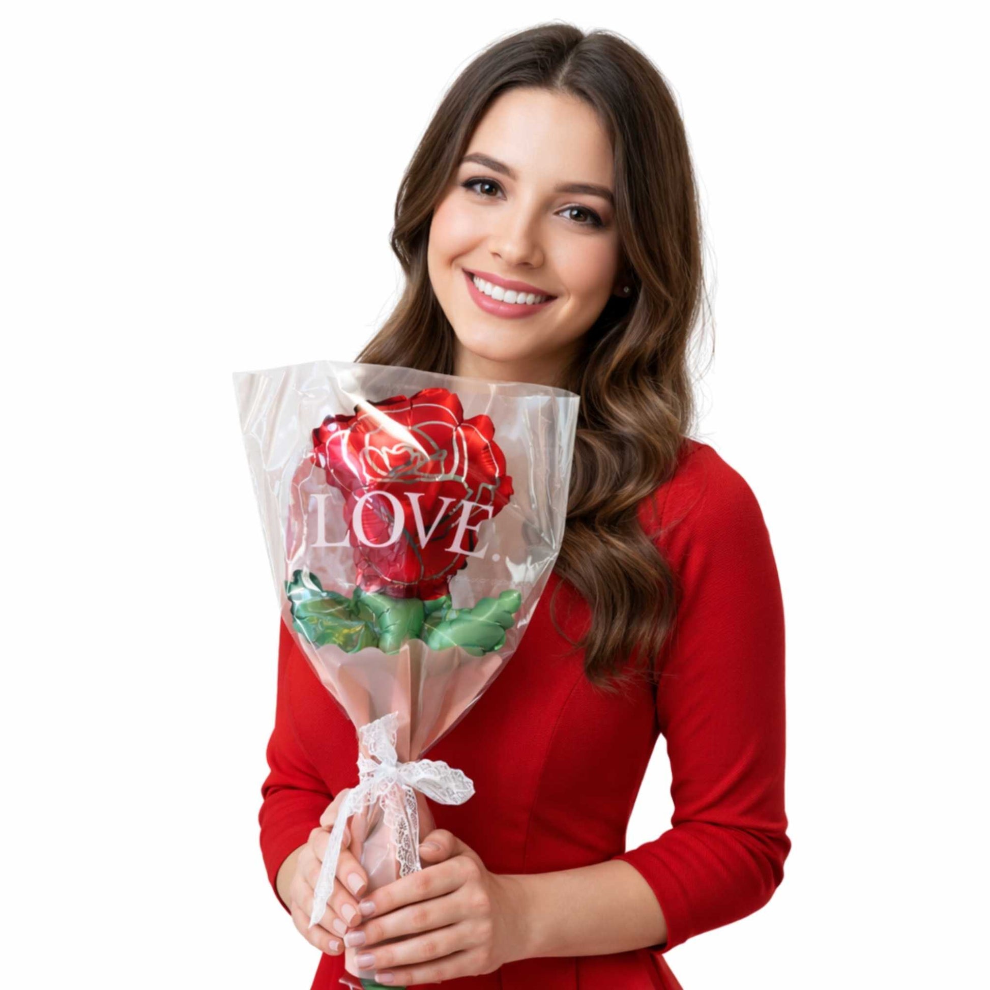 Woman holding a bouquet of red roses with 'LOVE' written on it against a white background