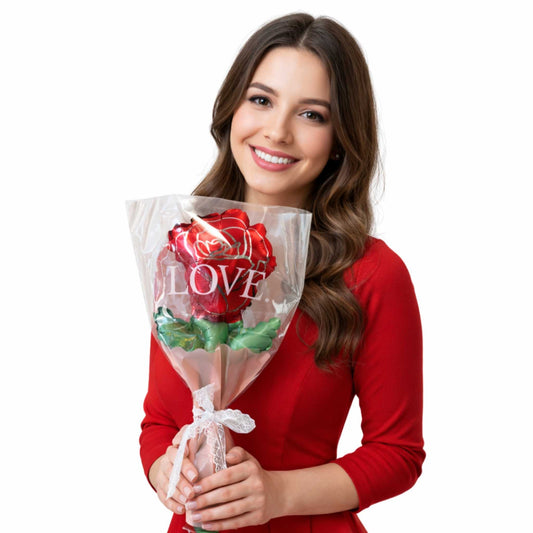 Woman holding a bouquet of red roses with 'LOVE' written on it against a white background