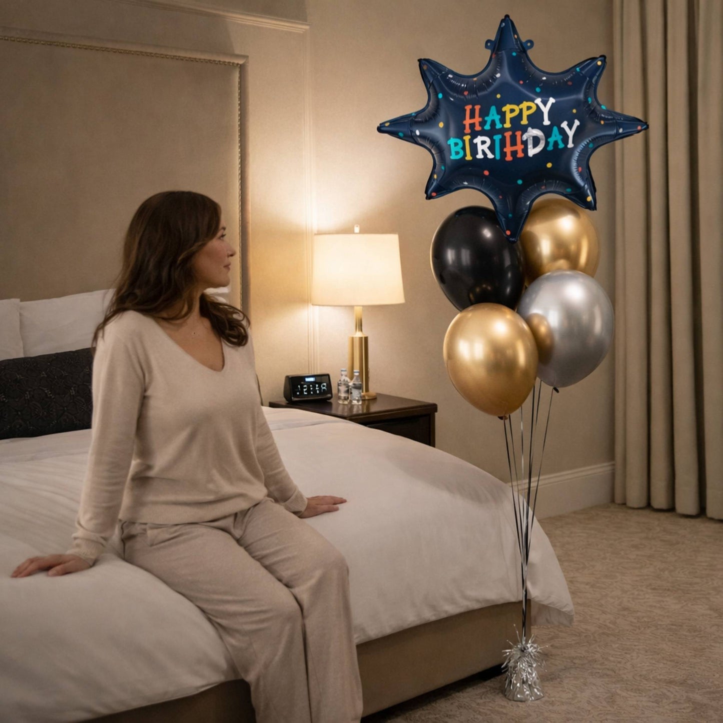 Woman sitting on a bed with a 'Happy Birthday' balloon bouquet in a bedroom setting.