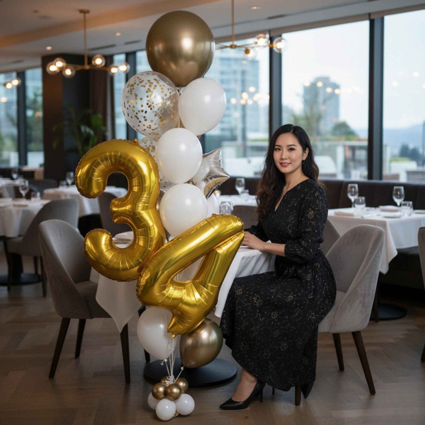 Woman posing with gold and white balloons shaped like the number 34 in a formal setting.
