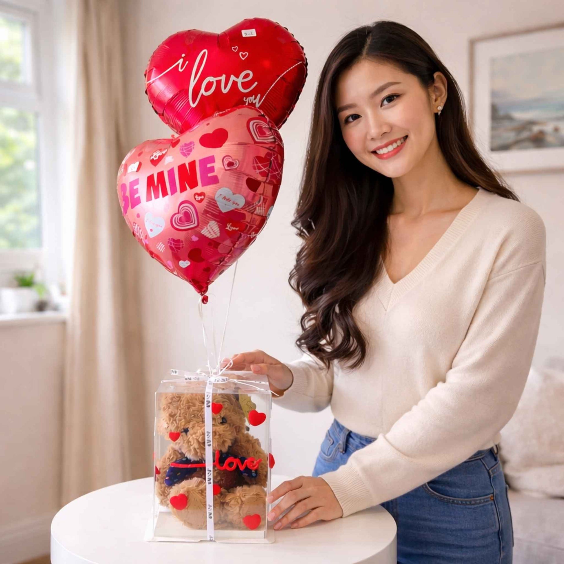 Woman holding a transparent box with a teddy bear and heart-shaped balloons indoors.
