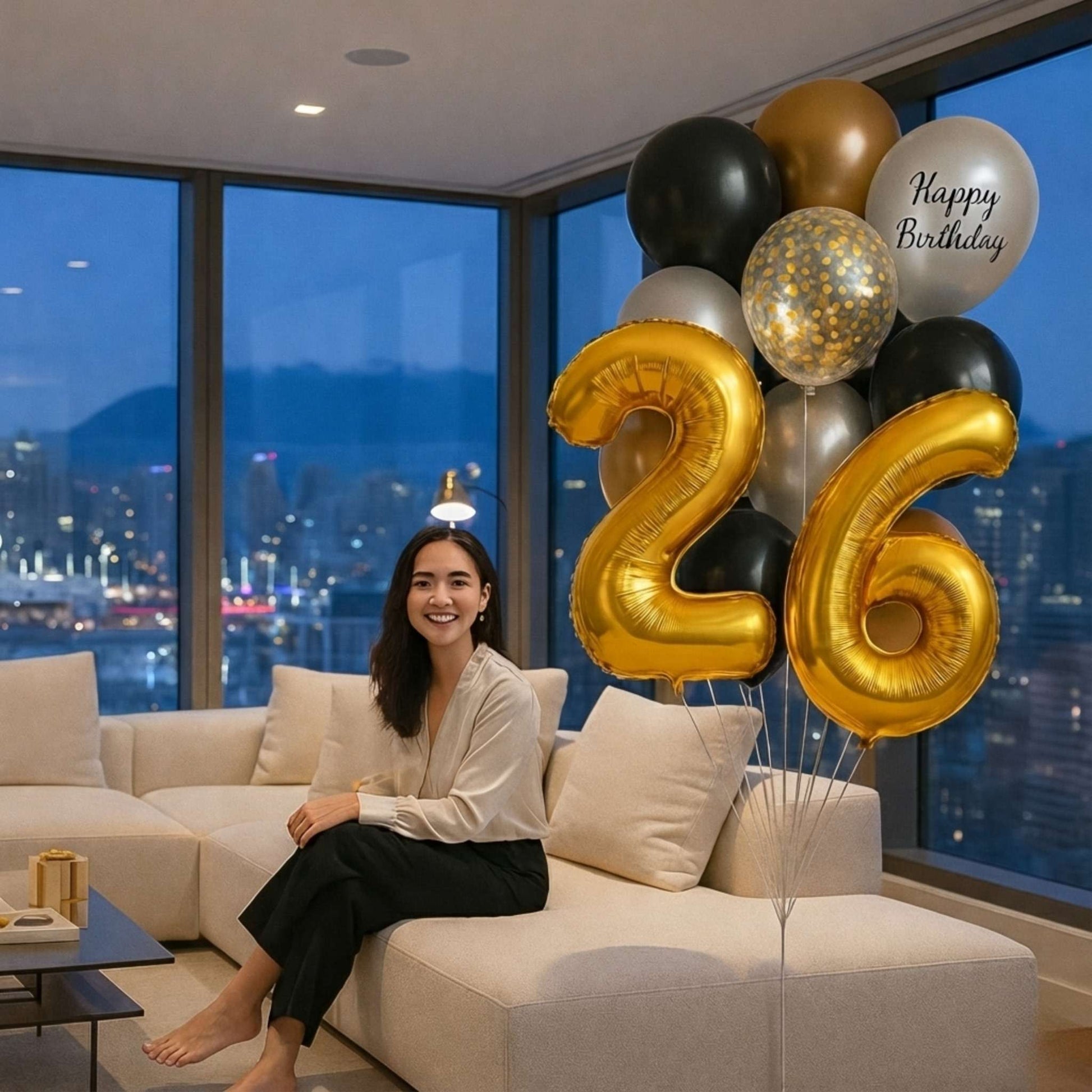 Woman sitting on a couch with 'Happy Birthday' and number balloons in a room with cityscape view.