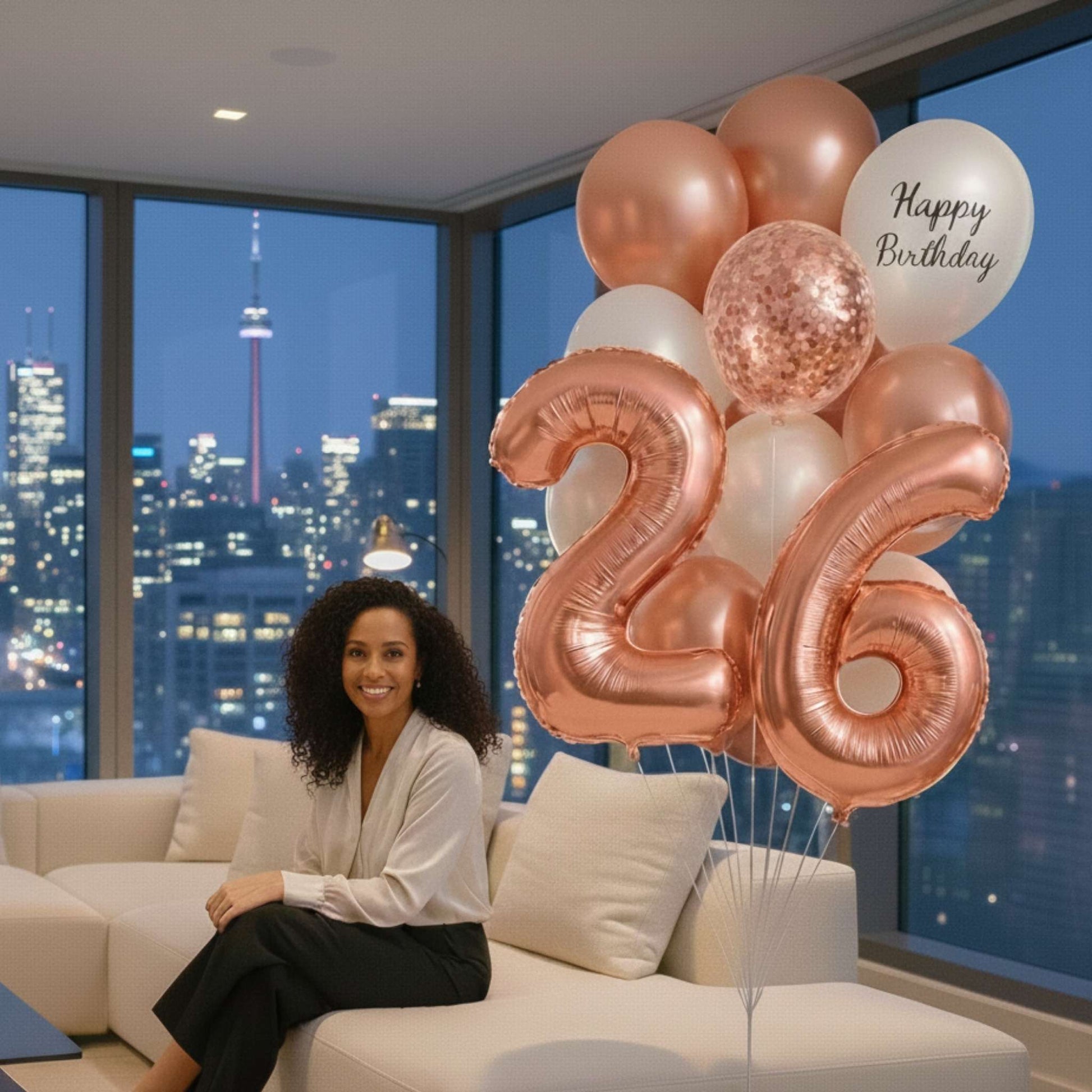 Woman sitting on a couch with rose gold '26' balloons and a 'Happy Birthday' balloon in a room with a cityscape view.