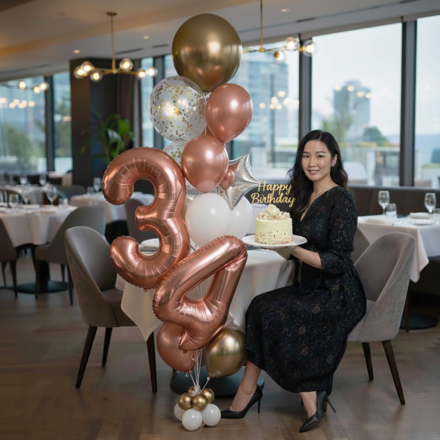 Woman holding a birthday cake with large rose gold number balloons in a dining setting.
