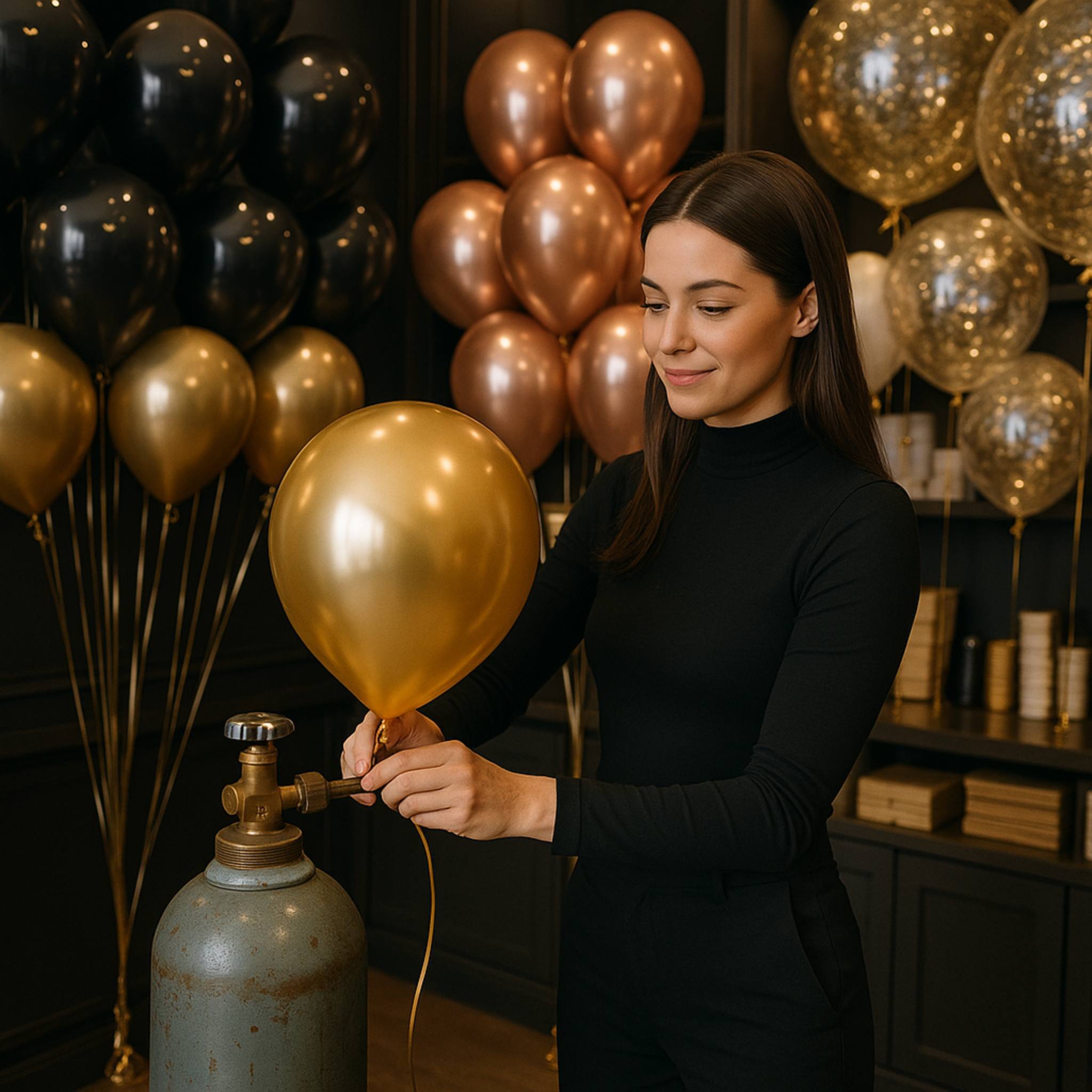 Woman inflating a gold balloon with a cluster of balloons in the background