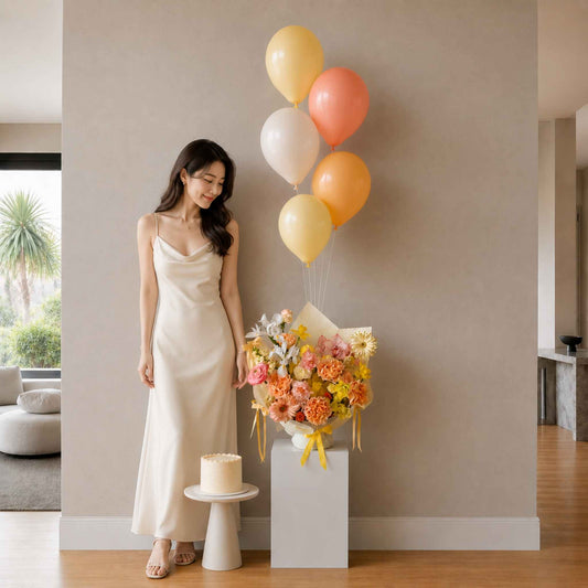 Woman in a white dress standing next to a cake and flowers with colorful balloons in a room.