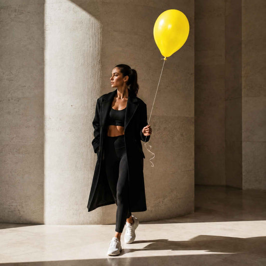 A woman in a black athletic outfit and long black coat walks through a sunlit concrete corridor while holding a bright yellow balloon.