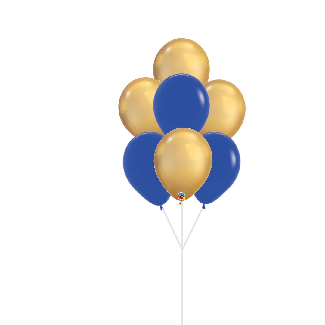 Classic helium balloon bouquet of 7 - Chrome gold and royal blue colour theme - ONE UP BALLOONS