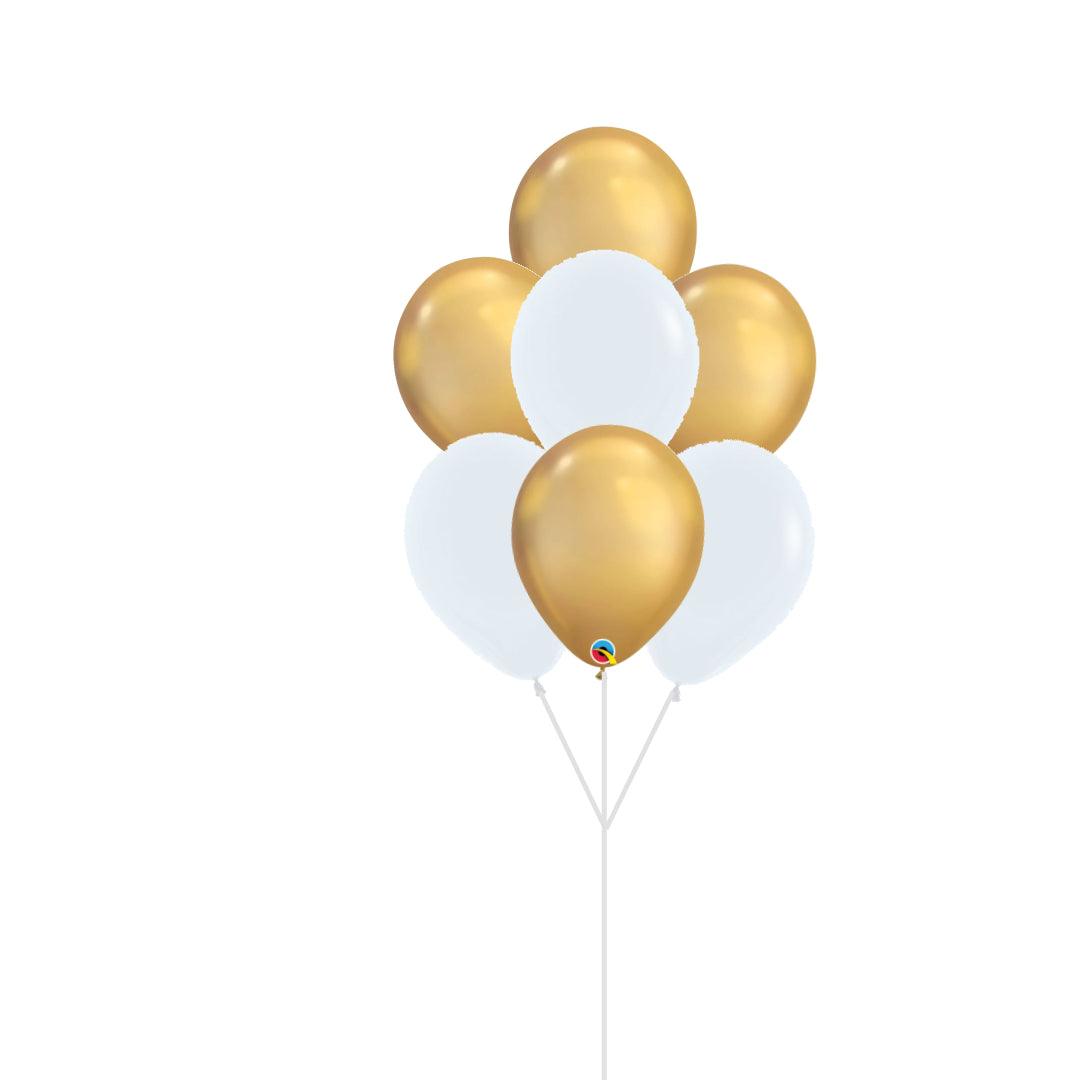 Classic helium balloon bouquet of 7 - chrome gold and white - ONE UP BALLOONS