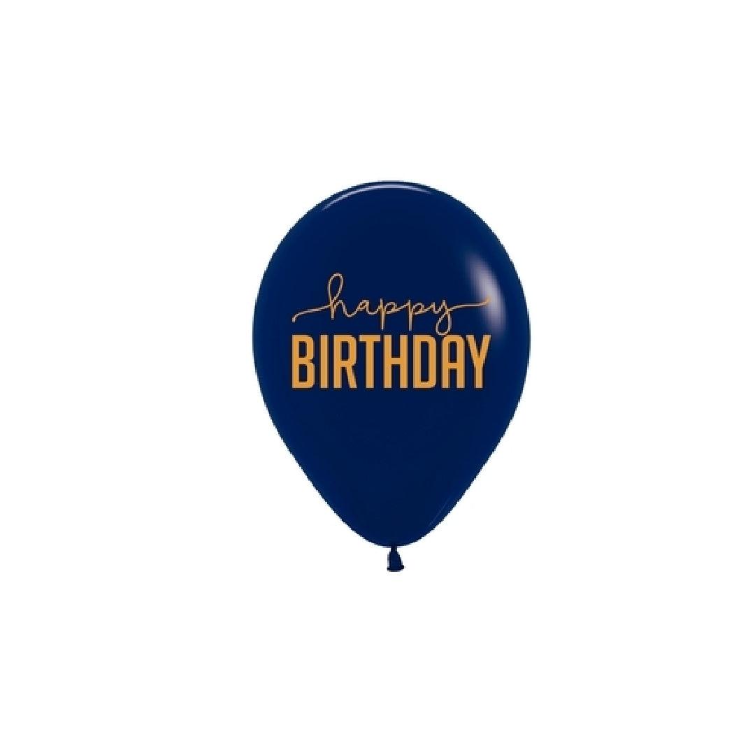 11 inch Navy Blue happy birthday script helium filled latex balloon - ONE UP BALLOONS