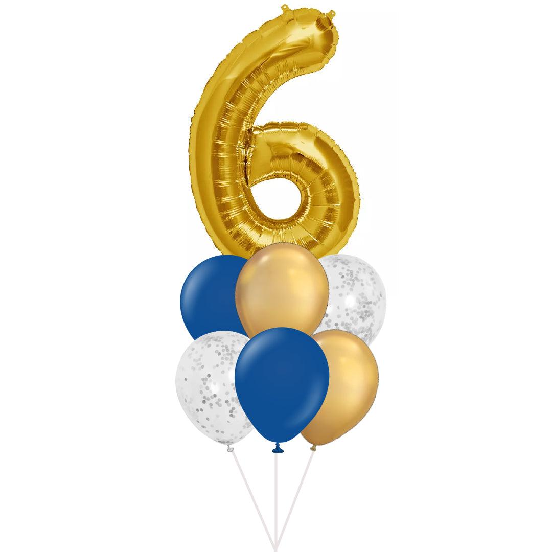 Single Classic birthday balloon number confetti balloon bouquet - Royal blue & chrome gold - ONE UP BALLOONS