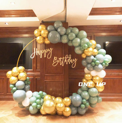 Happy birthday, Willow Green and chrome balloon, circle arch frame