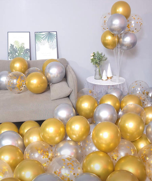 Global shipping (50 pack) 11 inch chrome gold and silver mix confetti Balloons  (Balloons only) - ONE UP BALLOONS