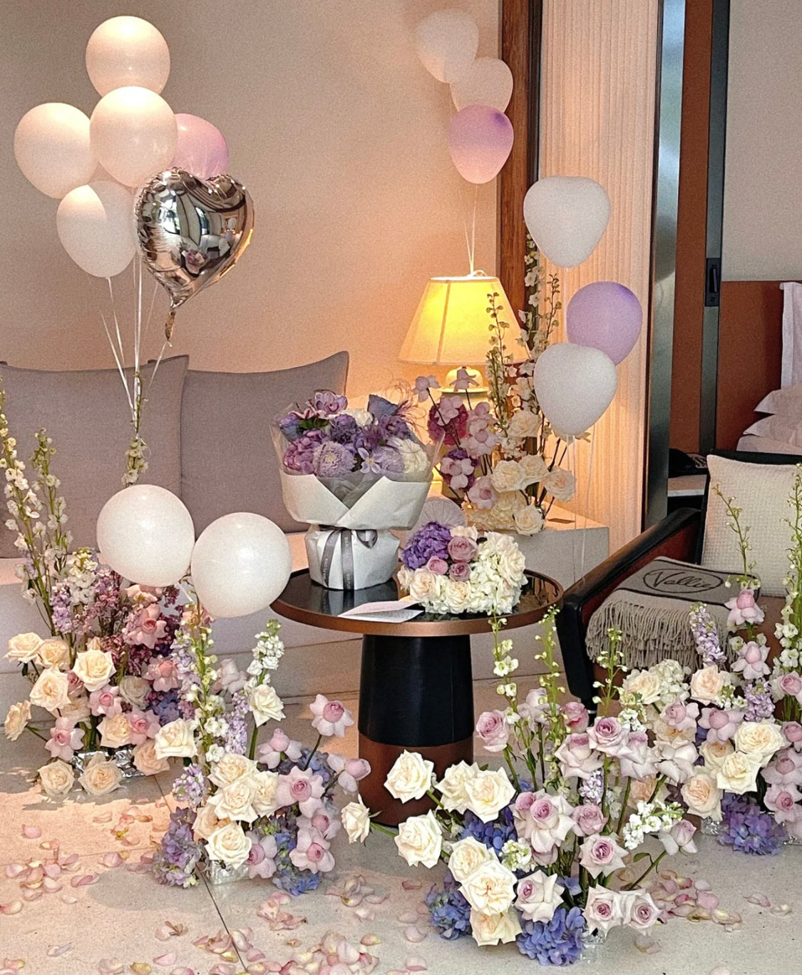 Purple lilac princess birthday celebration- fresh floral with balloons package
