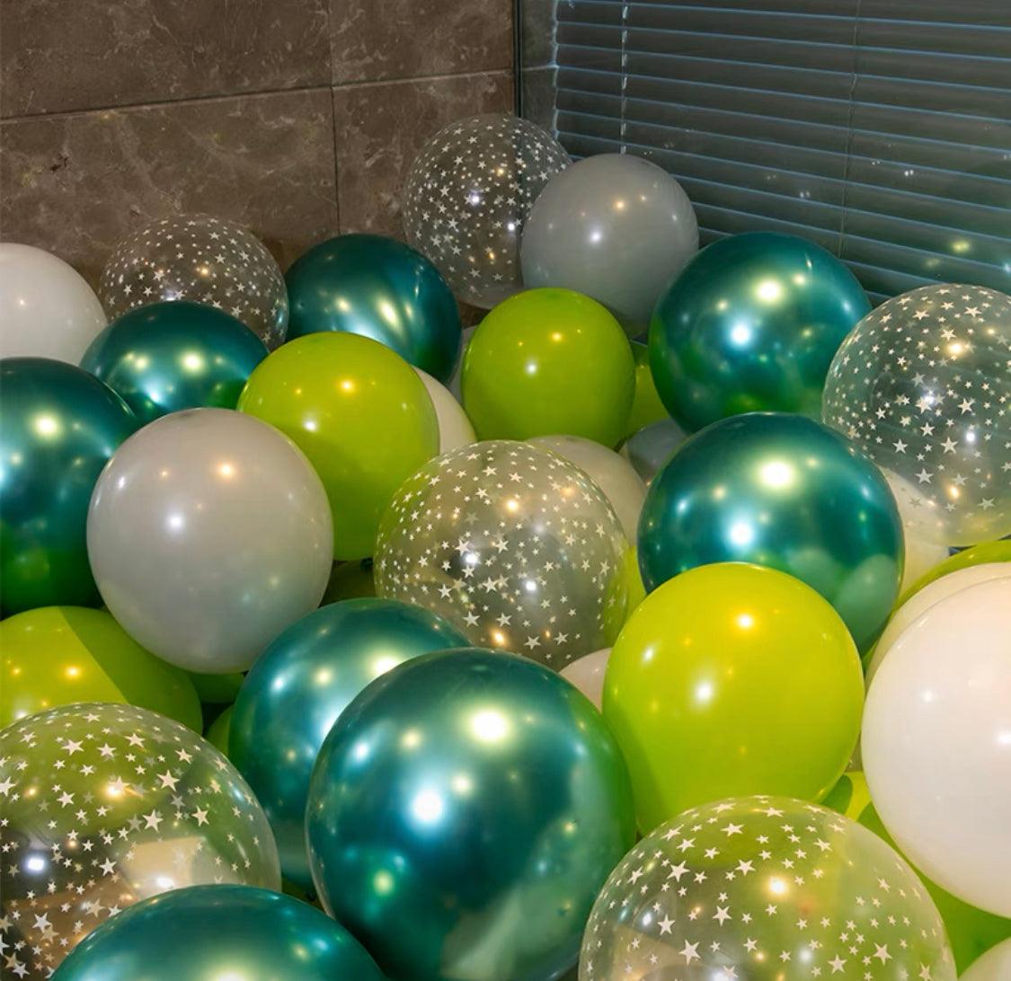 Global Shipping (50 pack) 11 inch chrome green mix with stars latex Balloons (Balloons only) - ONE UP BALLOONS